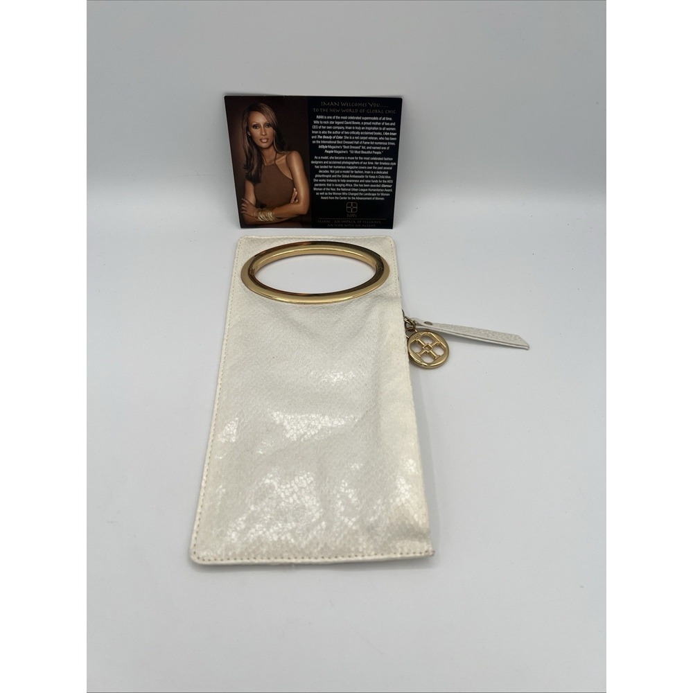 Iman White Clutch Purse Snakeskin Oval‎ Metal Handles